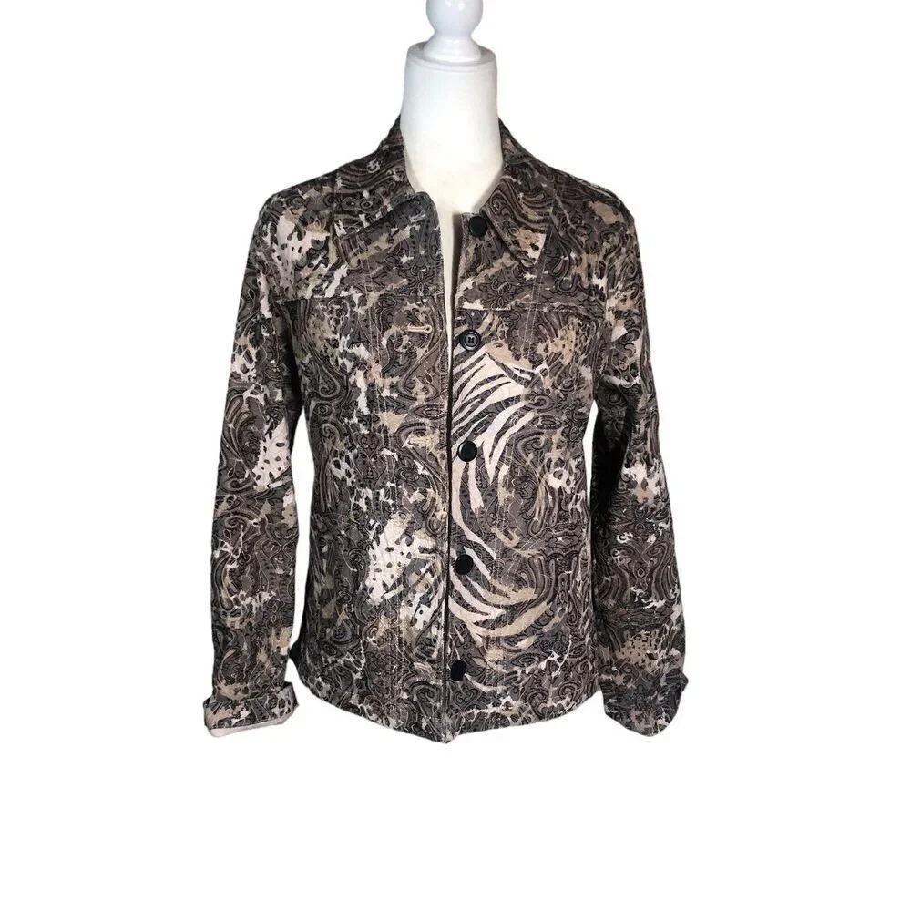 Rebecca Malone Jacket Womens M Brown Animal Paisley‎ Print Jacquard Button Coat
